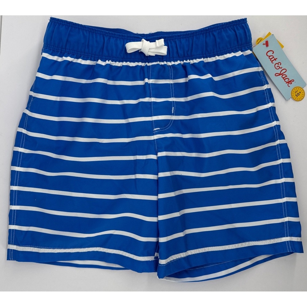 Cat & Jack Boys Blue White Striped Swim Trunks UPF 50+ Size M 8 NWT